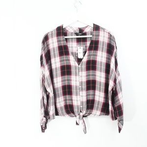 Women Plaid Shirt New Express Top Small Cowgirl Button Front v neck Long Sleeves